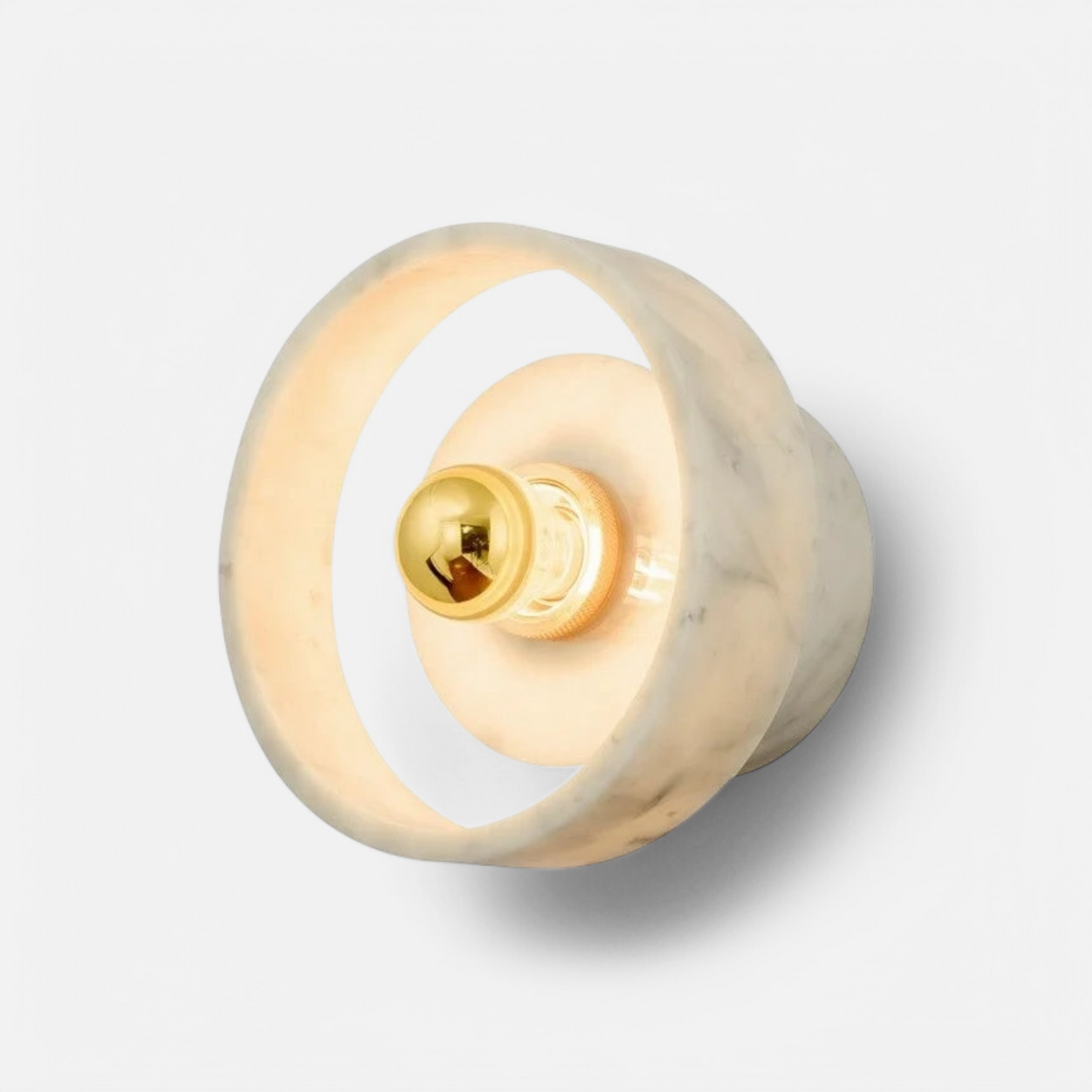 Modern marble round wall lamp with gold LED bulb, showcasing wabi-sabi design for bedroom or hallway lighting décor.