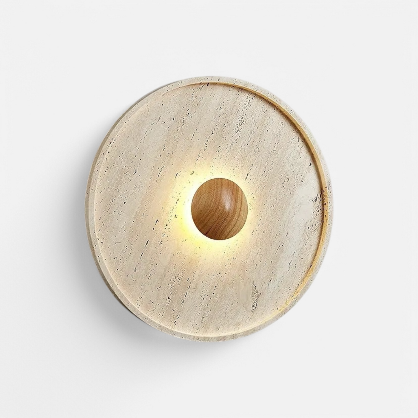Japanese wall lamp with round travertine stone sconce and central wooden LED light, ideal for serene home ambiance.