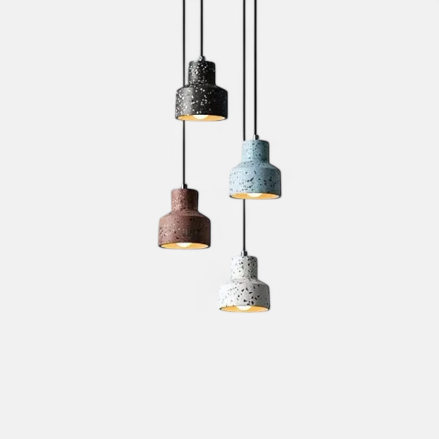 LUXELY modern LED pendant lamp in terrazzo stone finish, featuring four cement hanging lights in black, blue, red, and white.
