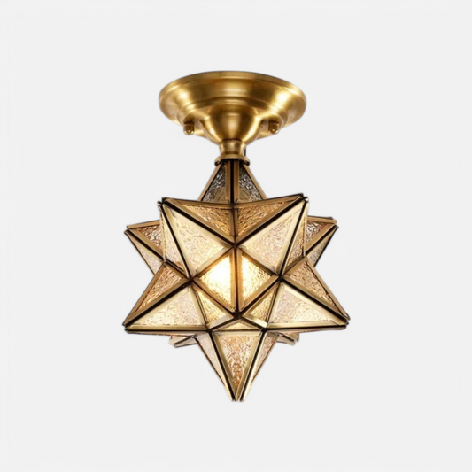 Copper flush mount ceiling light with star-shaped glass design, ideal for modern hallway or entryway lighting decor.