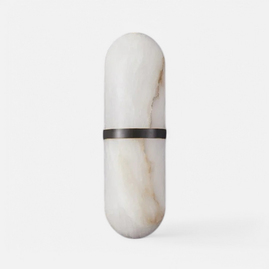 LUXELY luxury oval marble wall lamp with dark brass band, showcasing real marble texture for modern home lighting decor.