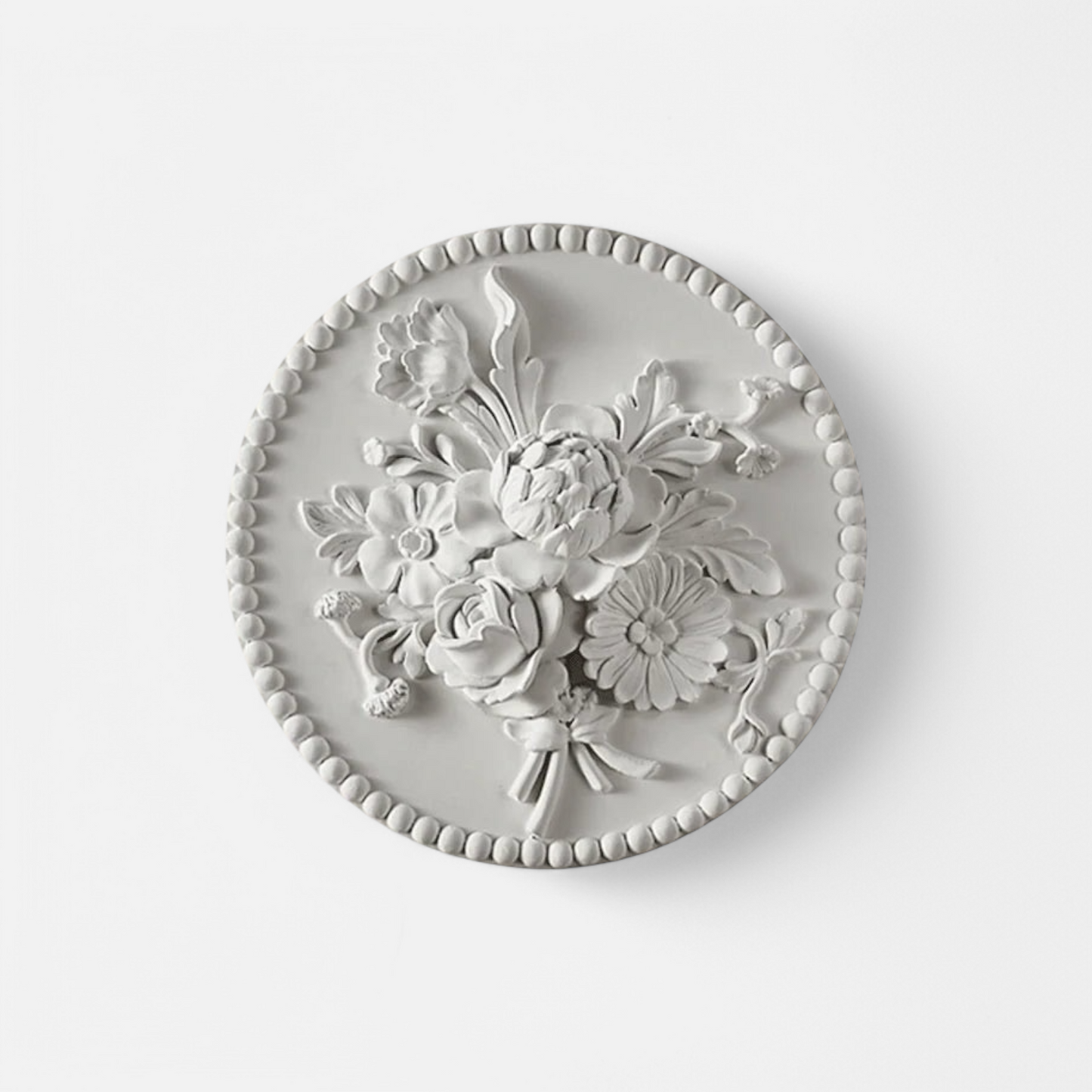 French round vintage sconce with floral relief design, ideal for elegant wall lighting in bedrooms or hallways. Features intricate flower carvings.
