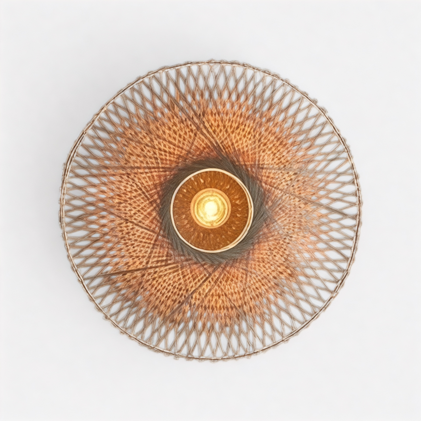 Wabi-sabi bamboo wood wall lamp with intricate woven round design and warm central light, ideal for minimalist home decor.