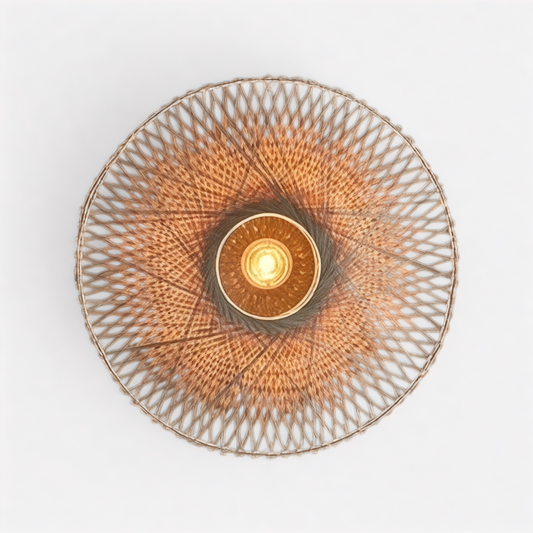 Wabi-sabi bamboo wood wall lamp with intricate woven round design and warm central light, ideal for minimalist home decor.