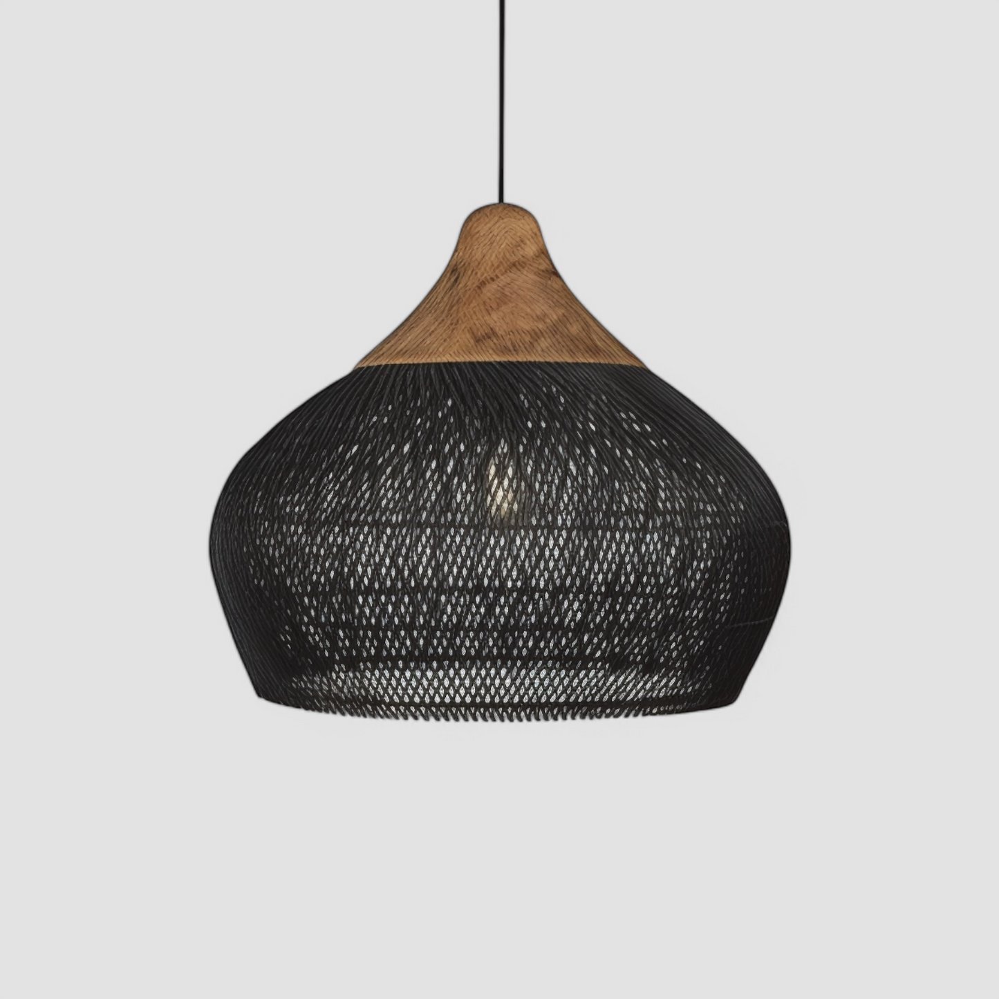 Gothic rattan modern pendant light with wood accent in black, featuring a dome shape and minimalist woven design for stylish ceiling lighting.