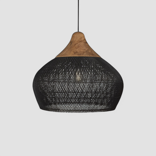 Gothic rattan modern pendant light with wood accent in black, featuring a dome shape and minimalist woven design for stylish ceiling lighting.