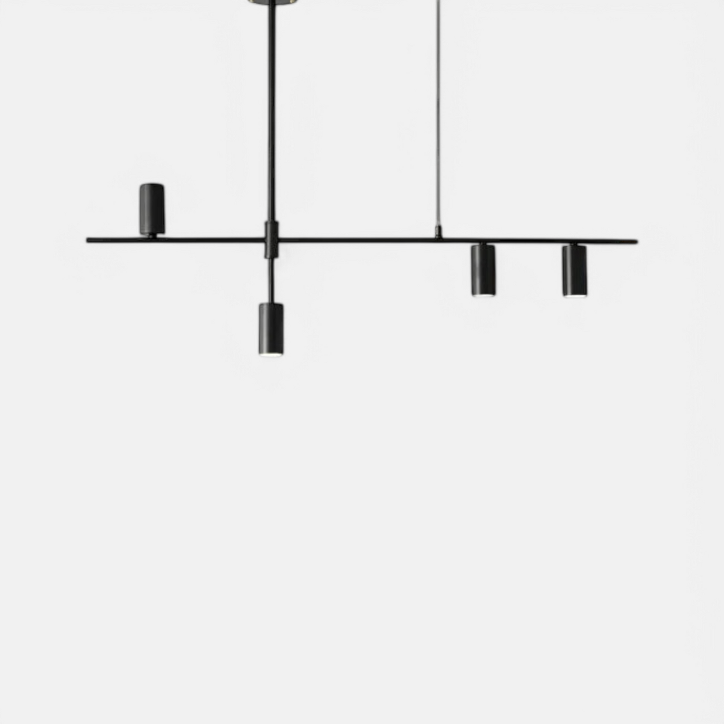 Modern minimalist spotlight bar ceiling light in matte black with adjustable LED heads, ideal for dining room or kitchen lighting.