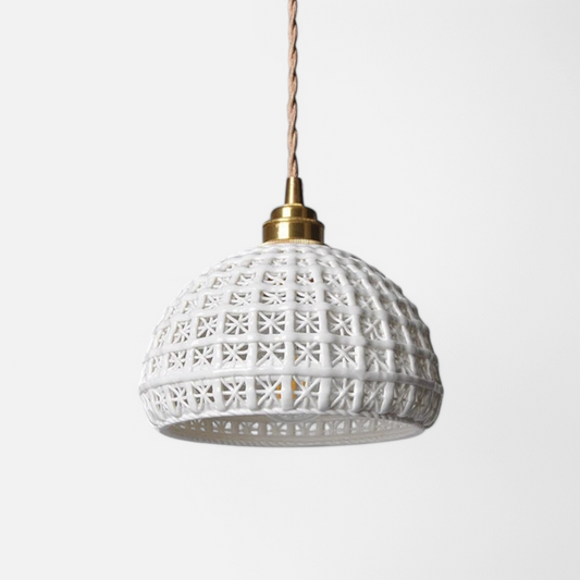 LUXELY modern ceramic LED pendant light with brass accent and vintage lattice design, ideal for kitchen or dining room decor.