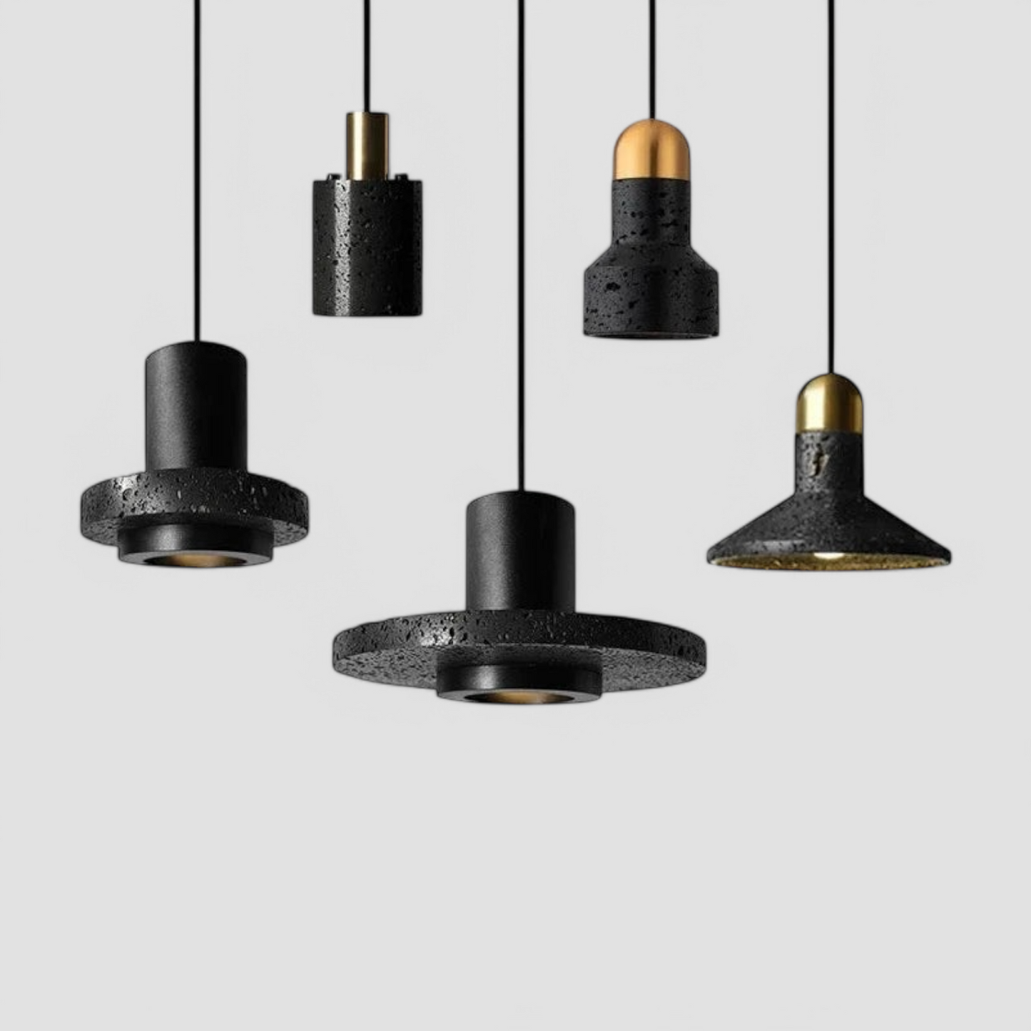 LUXELY high-end black cement terrazzo pendant lights in assorted industrial designs. Ideal for modern kitchens, dining, or living spaces.
