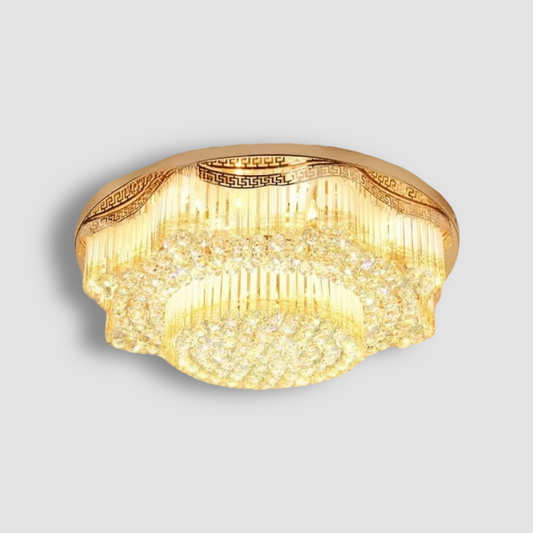 Vintage crystal ceiling light with French royal chandelier design, featuring gold trim and intricate crystal detailing for luxury interiors.