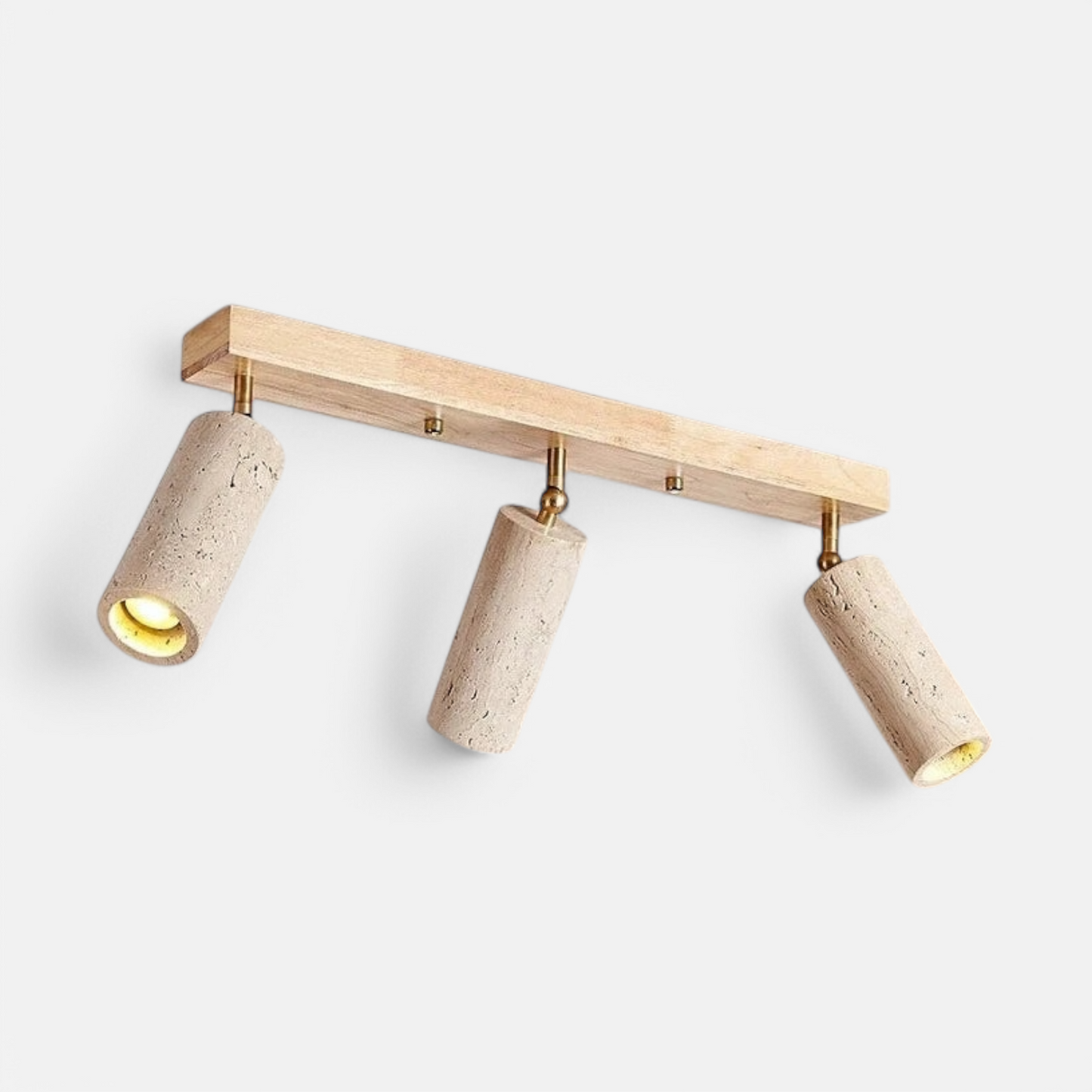 Track spotlight stone ceiling light with wood accent featuring three adjustable cylindrical heads and a natural wood base for modern interiors.