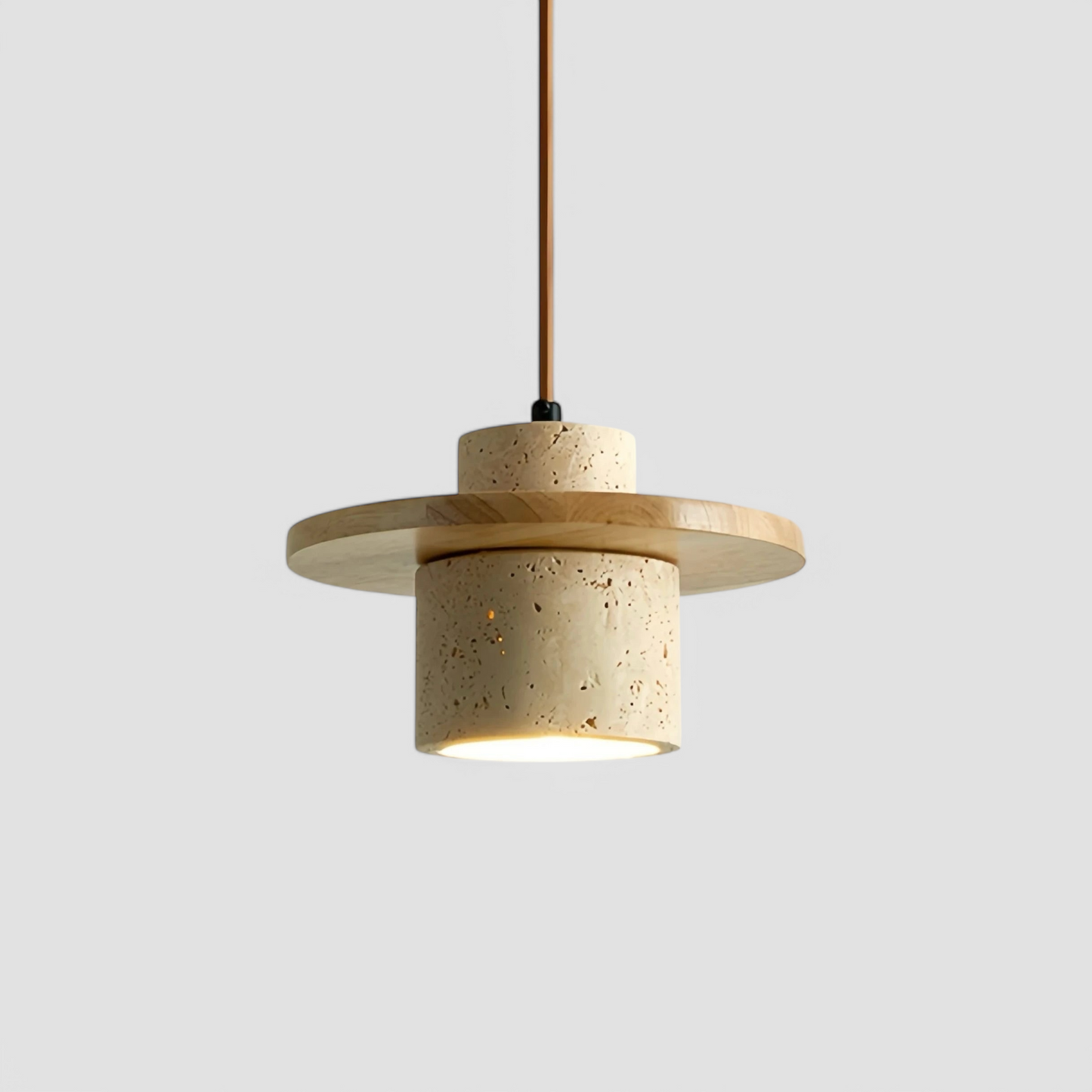 Japanese stone pendant lamp by LUXELY with minimalist travertine and wood design, ideal for modern interiors and ambient lighting.