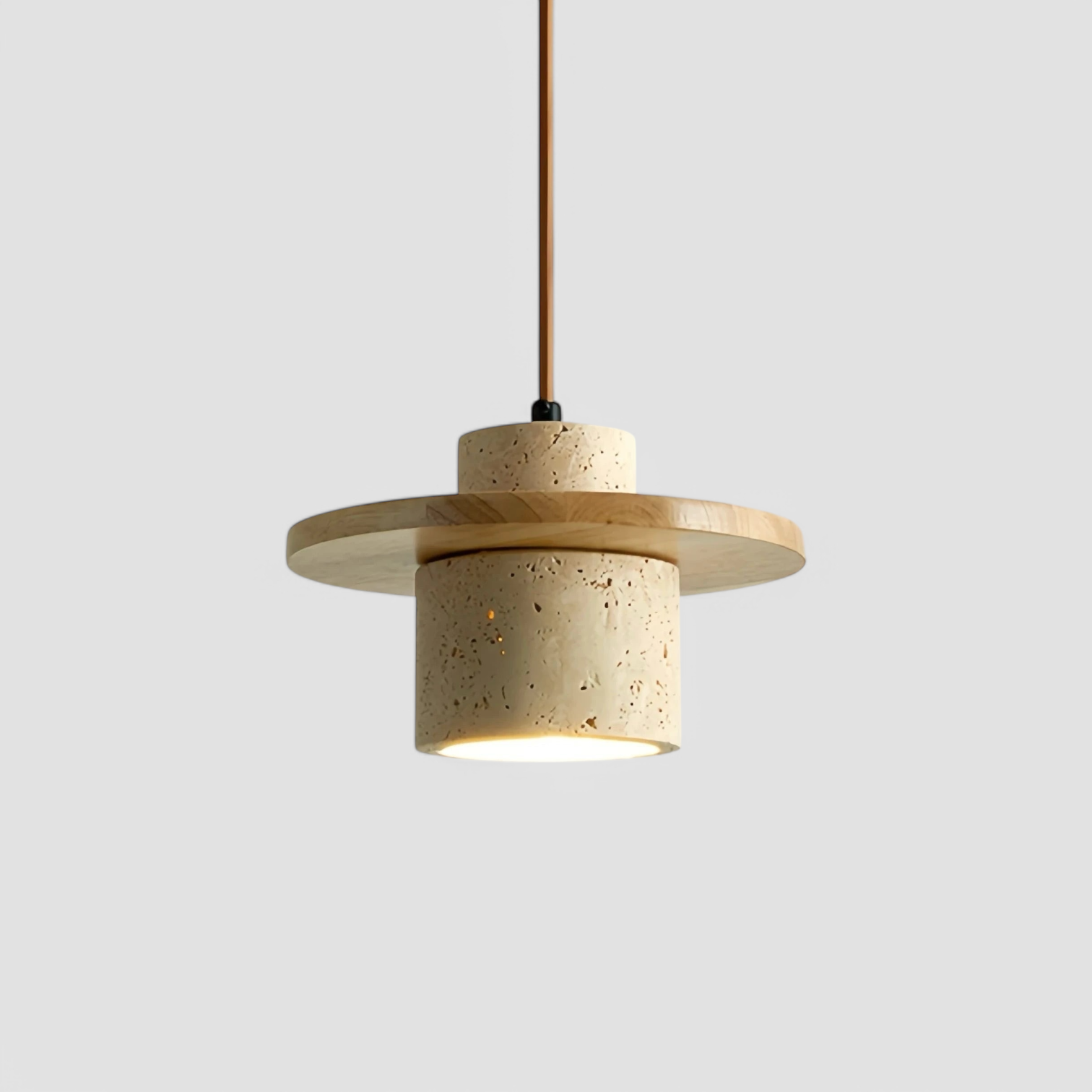 Japanese stone pendant lamp by LUXELY with minimalist travertine and wood design, ideal for modern interiors and ambient lighting.