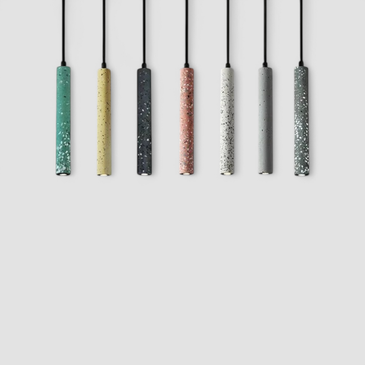 LUXELY industrial cement pendant lights in assorted colors for kitchen or dining room. Slim LED fixtures ideal for modern minimalist interiors.