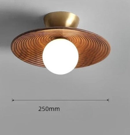 Wood flush mount ceiling light with brass accent measuring 250mm in diameter, combining modern design with natural materials.