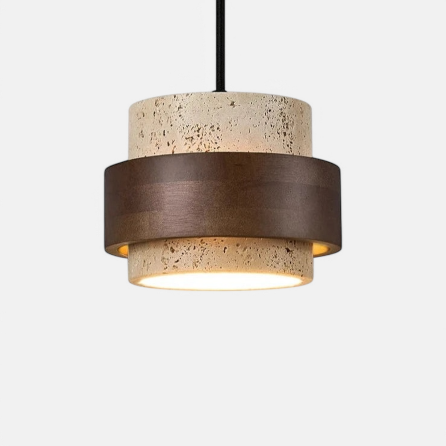 Travertine pendant lamp bedside with wabi-sabi design, featuring natural stone texture and dark wood accent for modern ceiling lighting.