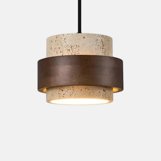 Travertine pendant lamp bedside with wabi-sabi design, featuring natural stone texture and dark wood accent for modern ceiling lighting.