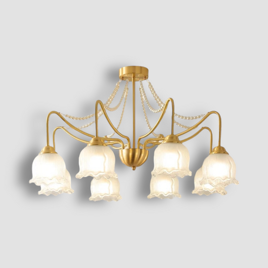 Modern copper chandelier with six frosted glass lampshades and pearl chain accents, ideal for American-style ceiling lighting in living rooms.