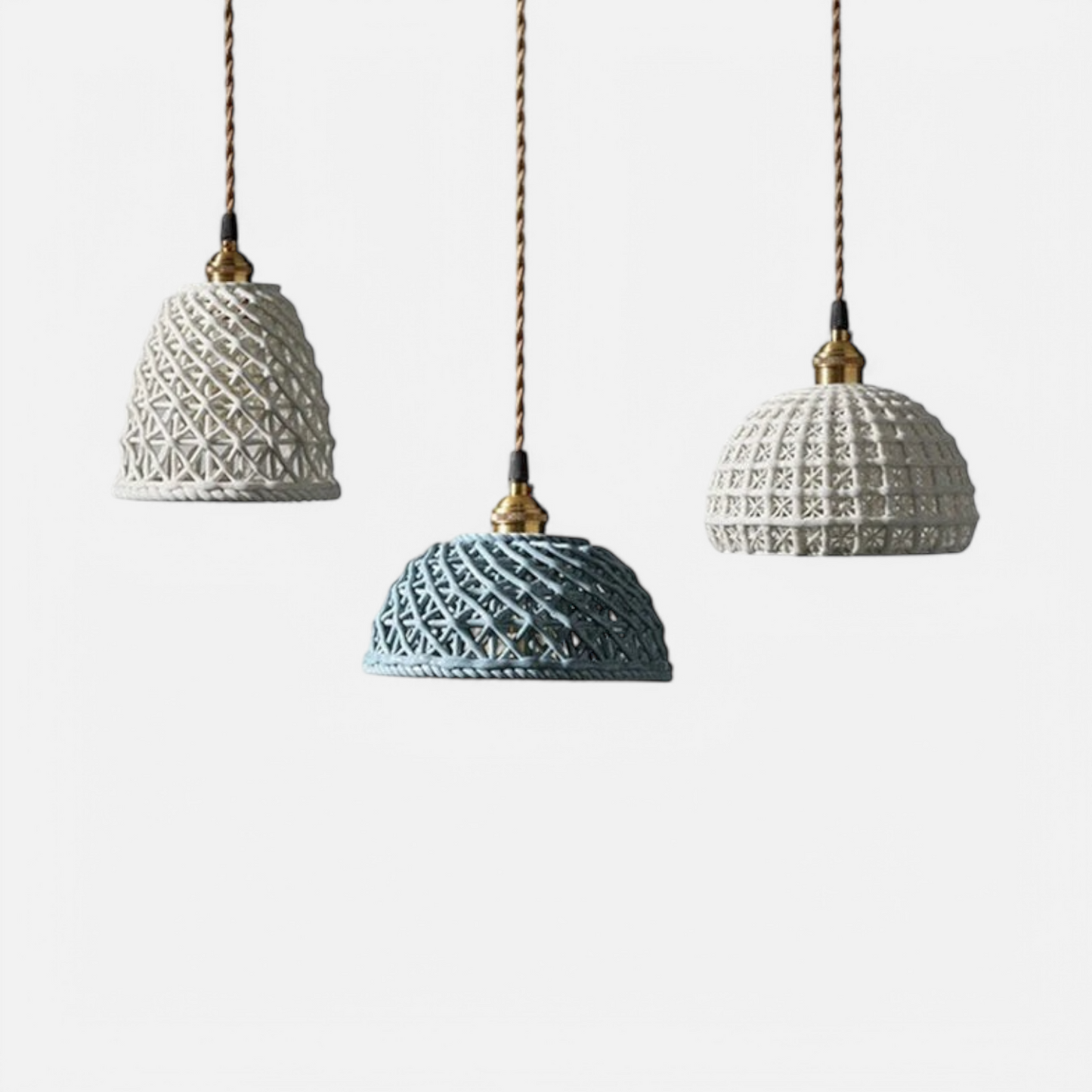 Ceramic Japanese pendant light trio by LUXELY in white and blue, ideal for dining room or kitchen lighting with intricate lattice design.