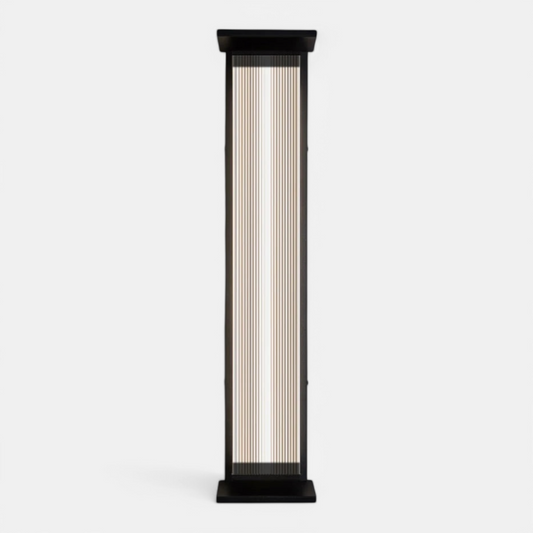 Stainless steel outdoor wall lamp with vertical ribbed design, IP65 waterproof, ideal for modern exterior lighting.