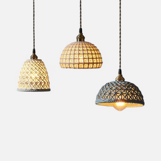 Set of three LUXELY white ceramic LED pendant light fixtures with intricate lattice design, ideal for dining room or kitchen pendant lighting.
