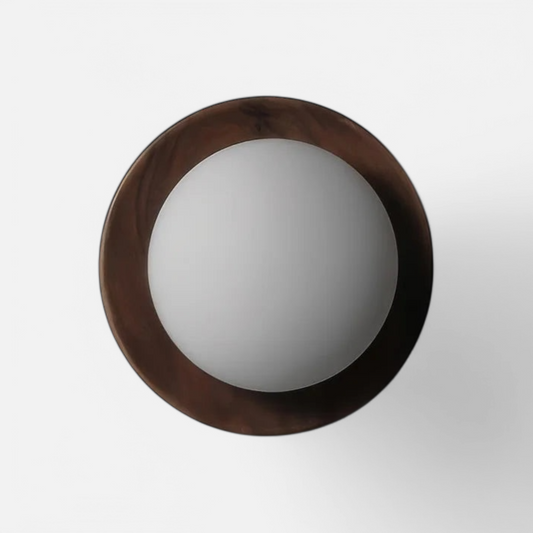 Nordic walnut wood wall lamp with frosted glass globe, ideal for minimalist interiors and modern wall lighting decor.