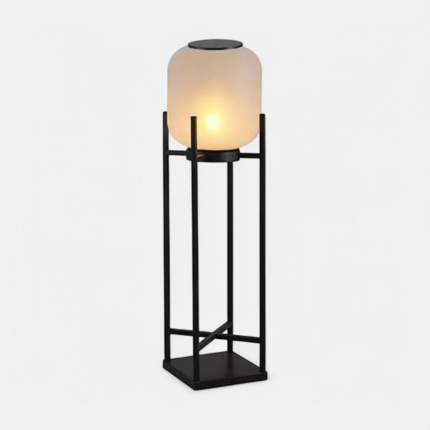 LUXELY waterproof solar garden light with frosted glass shade and black metal frame, ideal for villa outdoor lighting.