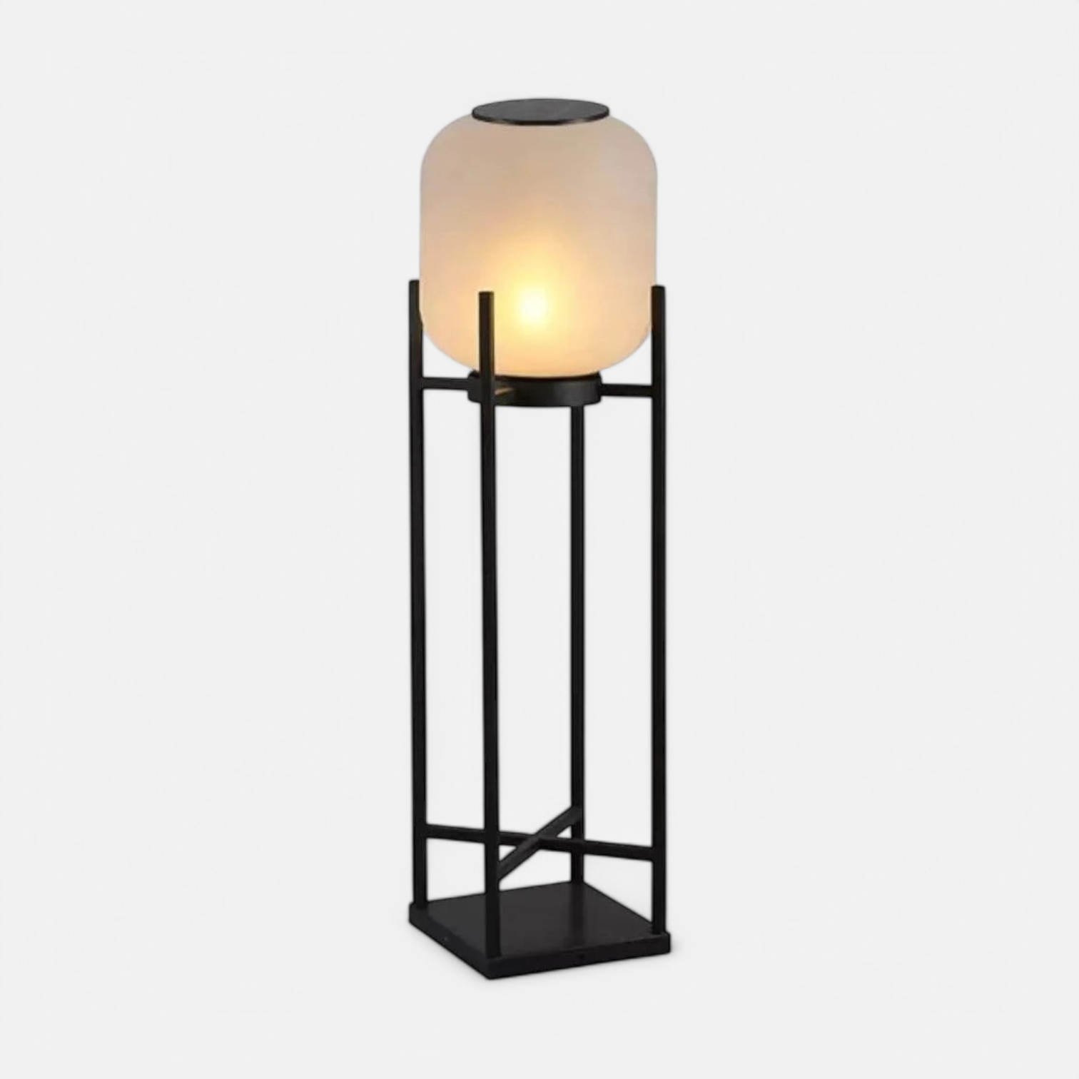 LUXELY waterproof solar garden light with frosted glass shade and black metal frame, ideal for villa outdoor lighting.