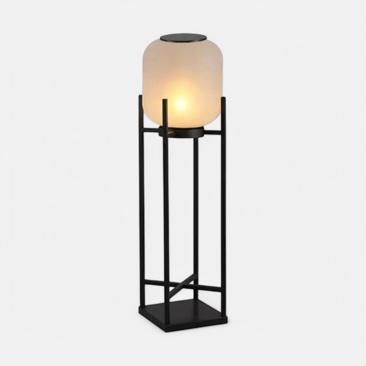 LUXELY waterproof solar garden light with frosted glass shade and black metal frame, ideal for villa outdoor lighting.