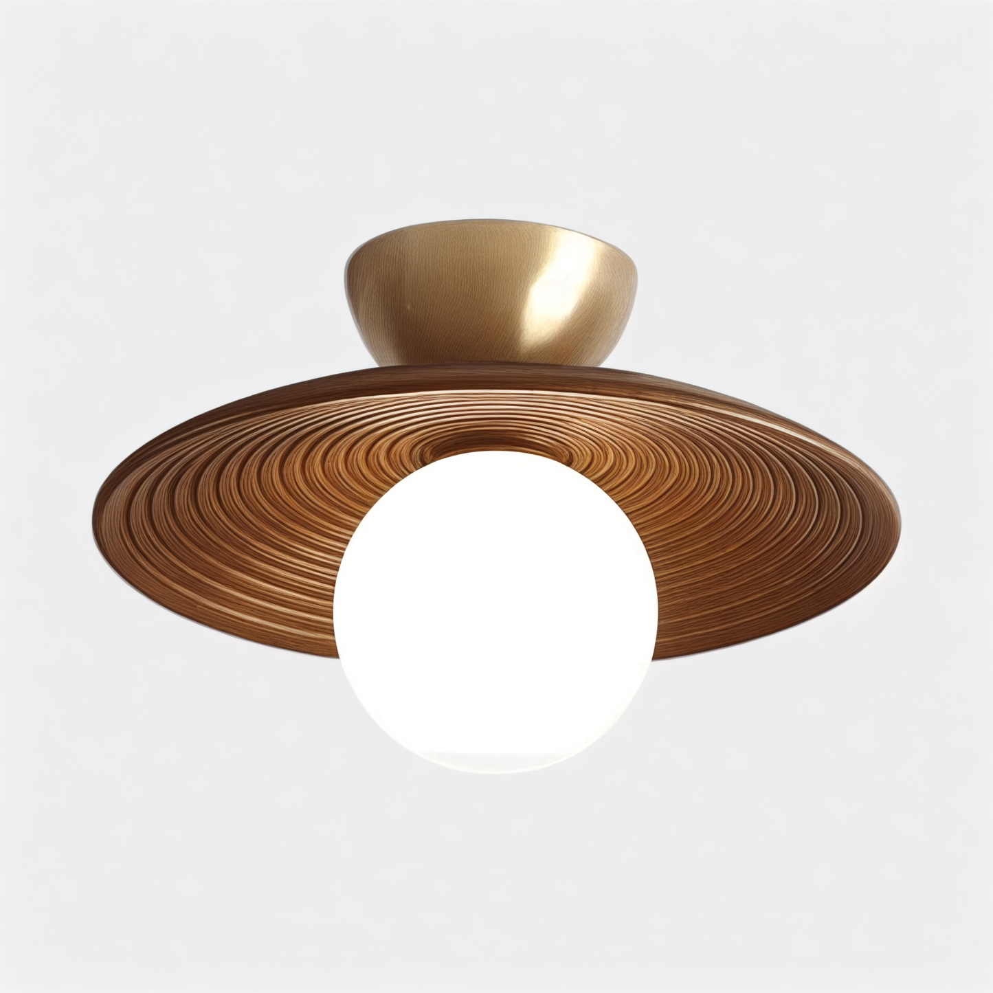Wood flush mount ceiling light with brass accent featuring a round walnut wood shade and frosted globe bulb, ideal for modern interiors.