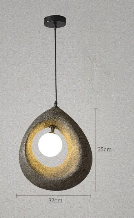 LED pendant light in dark wabi-sabi style with glowing center, 35cm height, ideal for modern minimalist interiors.