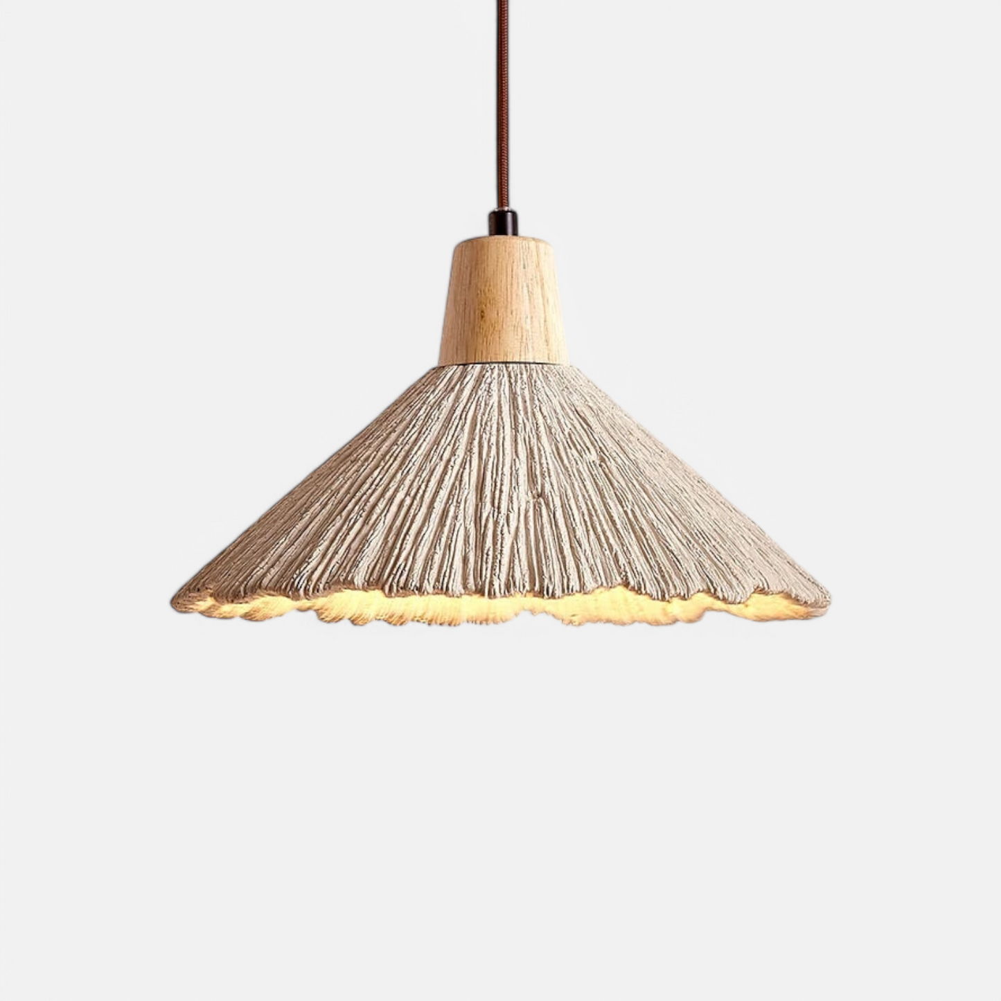 Travertine minimalist pendant lamp with flared shade and wood accent, ideal for bedroom ceiling lighting in modern interiors.