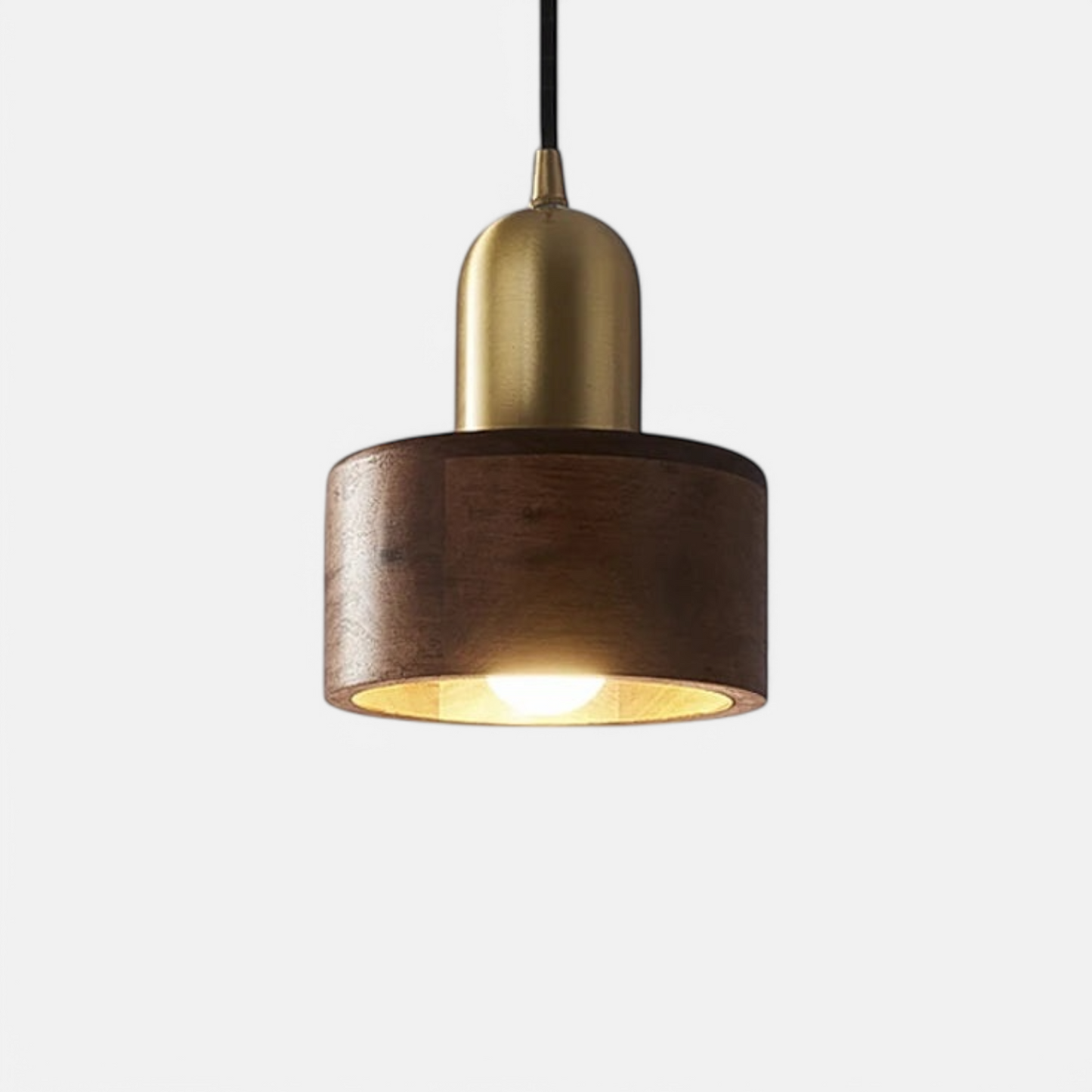 Nordic walnut wood hanging lamp with brass accent, ideal for modern dining spaces. Compact and stylish ceiling light fixture by LUXELY.