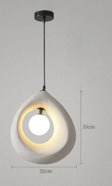LED pendant light in white wabi-sabi style with soft glow, 35cm height and 32cm width, ideal for contemporary interiors.