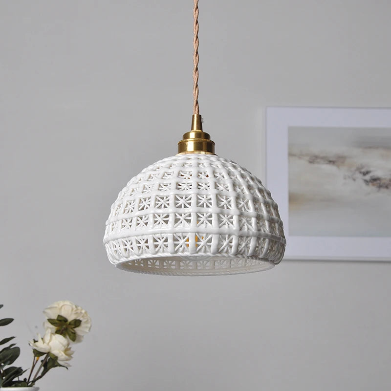 Ceramic vintage pendant lamp by LUXELY hanging in a modern interior, perfect for kitchen or living room lighting.