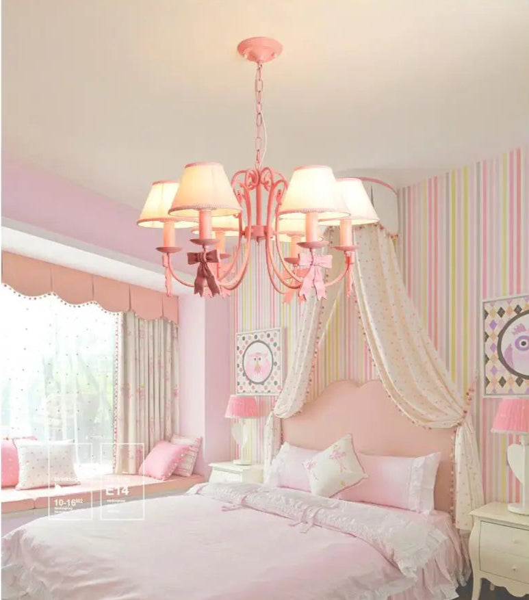 Ceiling-mounted Bowknot Princess Room Chandelier with multiple pink lampshades in a fully decorated princess-themed bedroom.