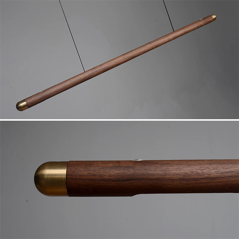 Close-up of Black Walnut Pendant Light showing brass end cap and smooth wooden texture, highlighting its premium craftsmanship.