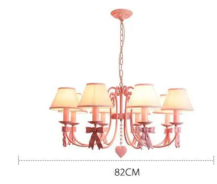 Eight-light ceiling Bowknot Princess Room Chandelier with 82cm diameter, pink bows and heart detail, ideal for large princess bedrooms.