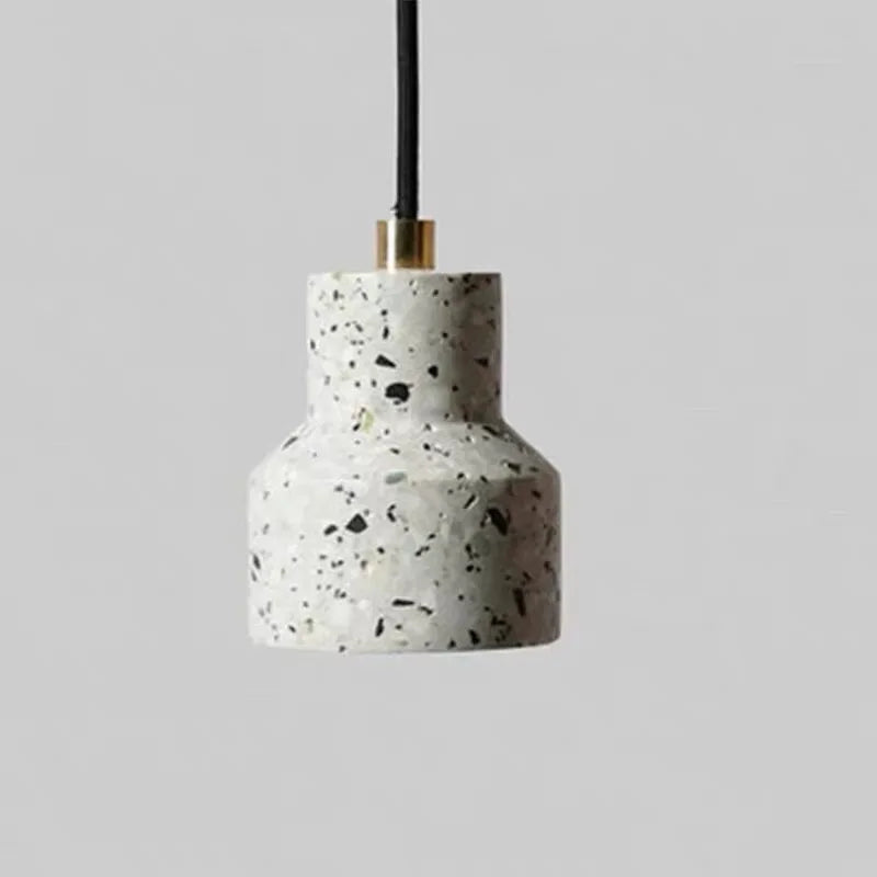 White terrazzo LED pendant lamp by LUXELY with speckled cement texture, perfect for modern home or hotel lighting.