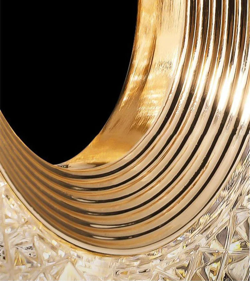 Close-up of gold interior ring on modern Nordic oval pendant light, showcasing elegant layered detailing.