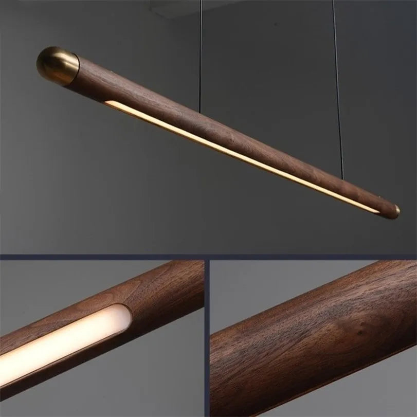 Black Walnut Pendant Light with brass ends and LED strip, ideal for kitchen islands or dining tables. Sleek wooden ceiling lamp design.
