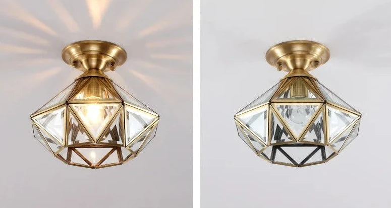 Comparison of copper ceiling lights with lit and unlit glass dome designs, highlighting decorative lighting options.