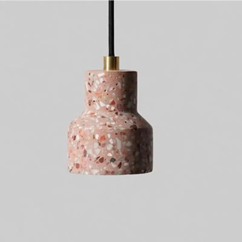 Pink terrazzo cement pendant light by LUXELY with minimalist LED design, suitable for bedside or coffee shop lighting.