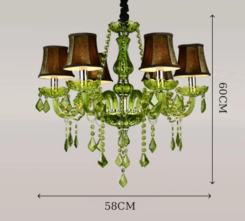 Green crystal chandelier with brown lampshades, 58cm wide and 60cm tall, ideal for elegant home lighting.