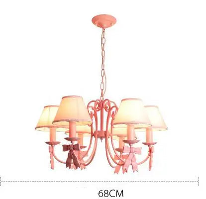 Six-light ceiling Bowknot Princess Room Chandelier with pink bows and 68cm diameter, suitable for large bedrooms or dining areas.