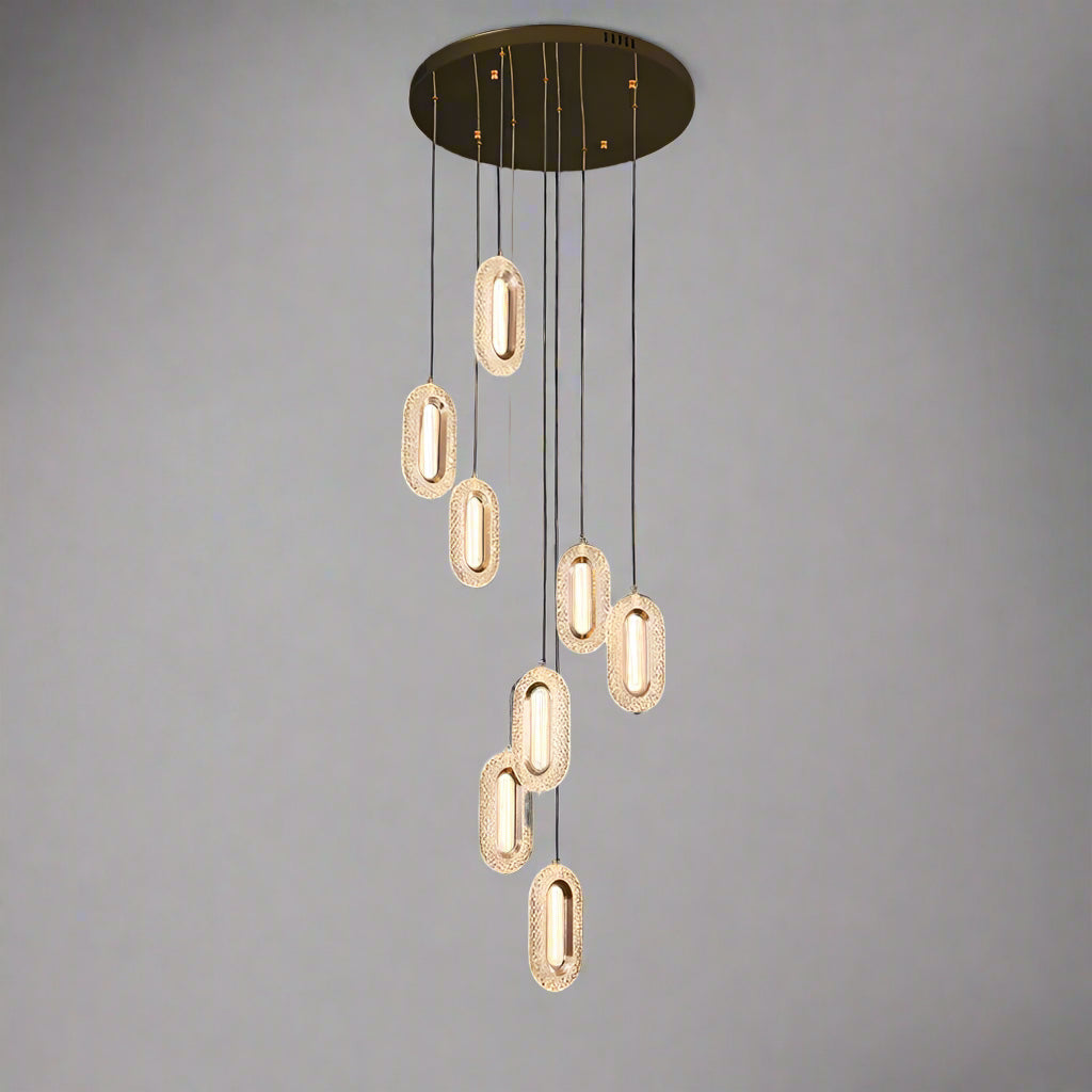 Modern Nordic chandelier with multiple oval pendant lights, perfect for staircases or high ceilings in luxury interiors.