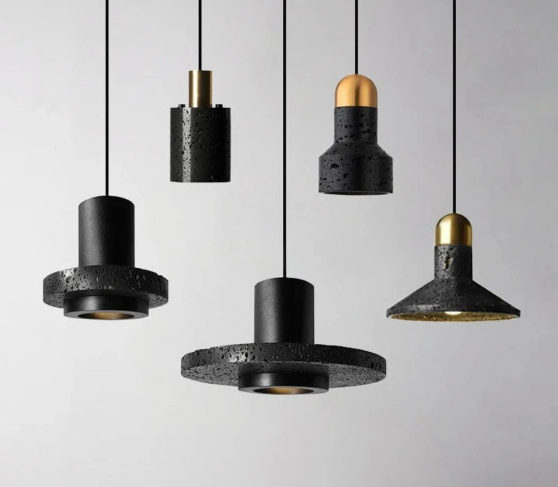Black cement terrazzo light set by LUXELY featuring industrial pendant styles with brass accents. Perfect for minimalist home interiors.