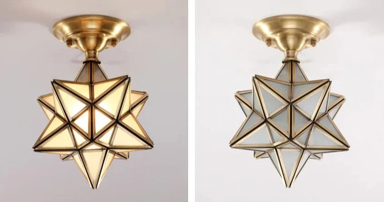 Side-by-side comparison of copper ceiling lights with frosted and clear glass, showcasing lighting design variations.