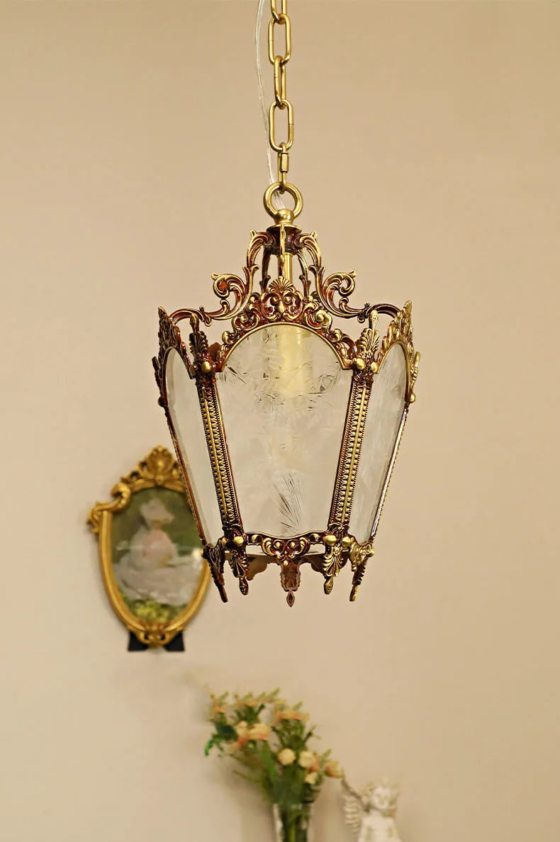 French retro glass chandelier with intricate copper frame, suspended in a classic room. Durable and decorative lighting fixture.