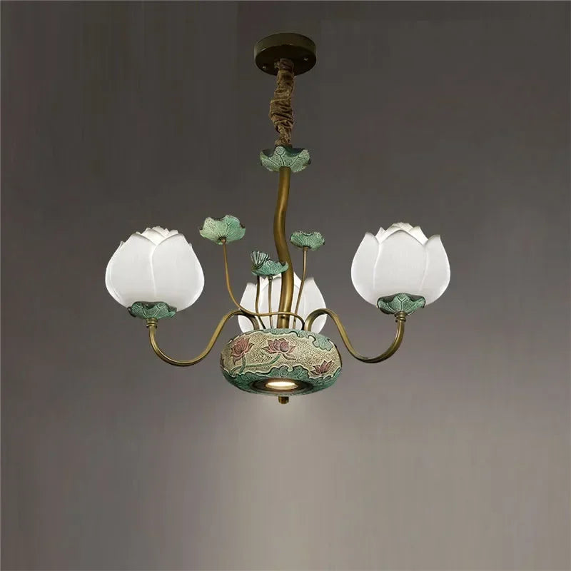 Three-light lotus blossom LED chandelier with floral ceramic detailing, perfect for tea rooms or bar counter lighting.